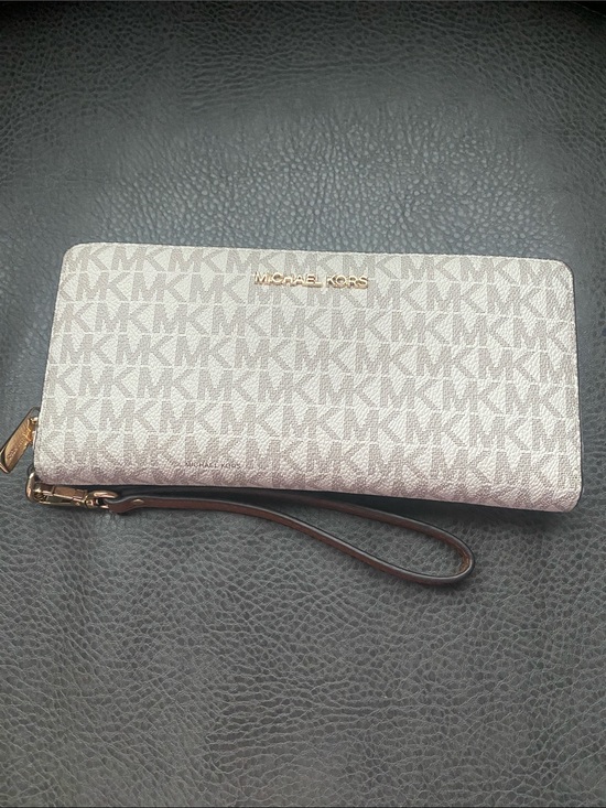 Michael Kors Beige Monogram Wristlet with Brown Trim